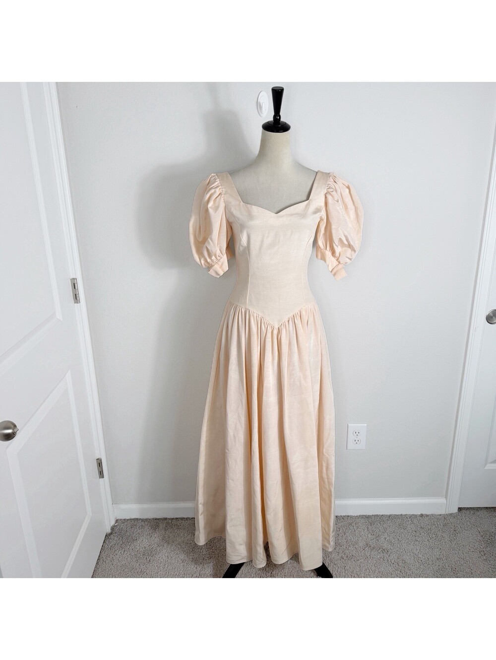 Vintage 1980s Prom Dress Pink Peach Puff Sleeves Prairie Cottage Dainty Medium